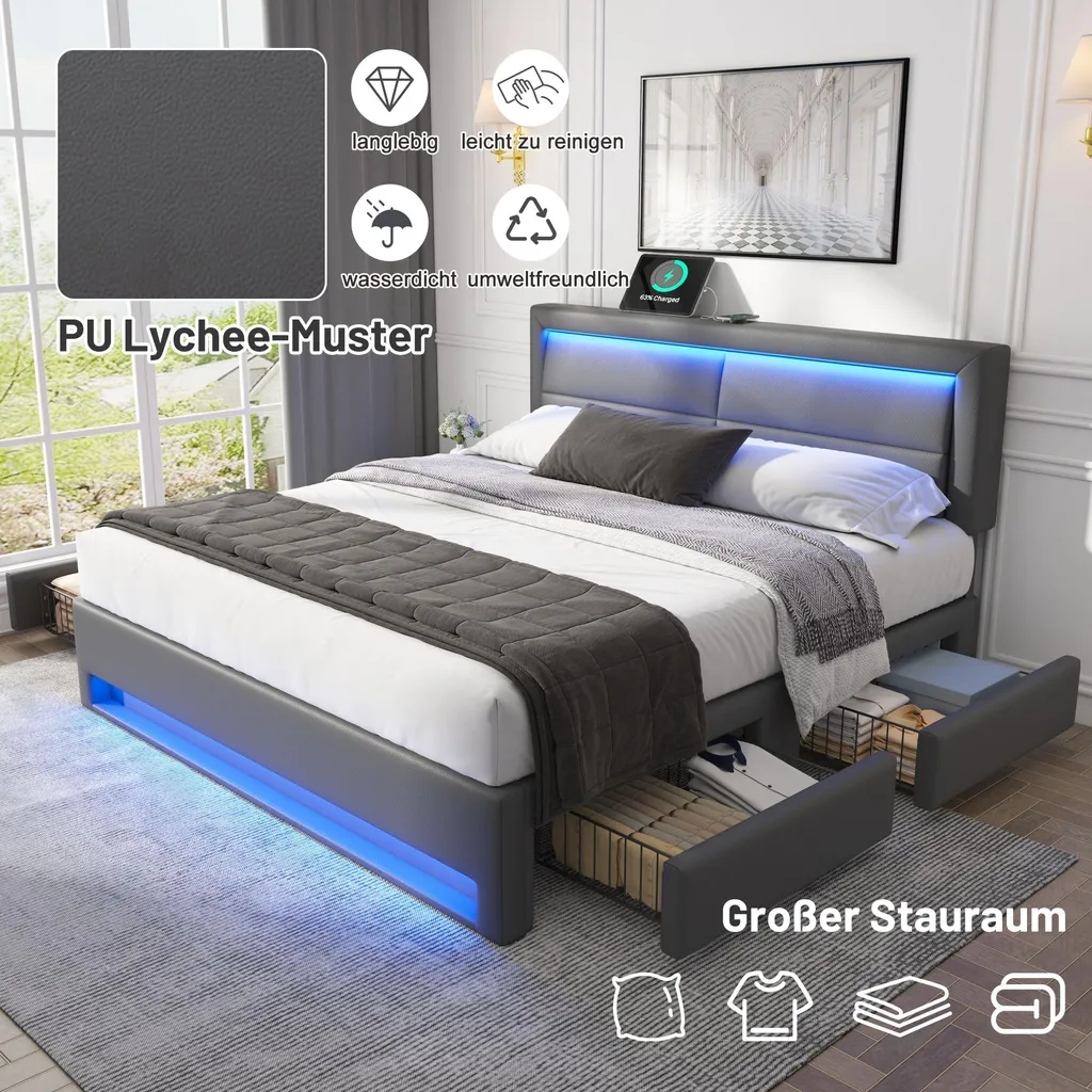 Lit Double Gris 140x200 cm en Polyuréthane avec Chargeur Induction