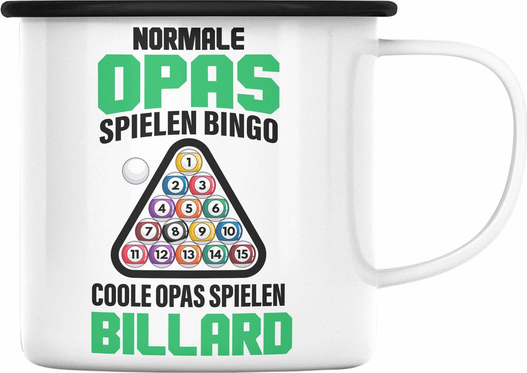 Trendation - Billard Opa Emaille Tasse Geschenk Billardspieler Geschenkidee Emaille Emaille Tasse Pool (Schwarz)