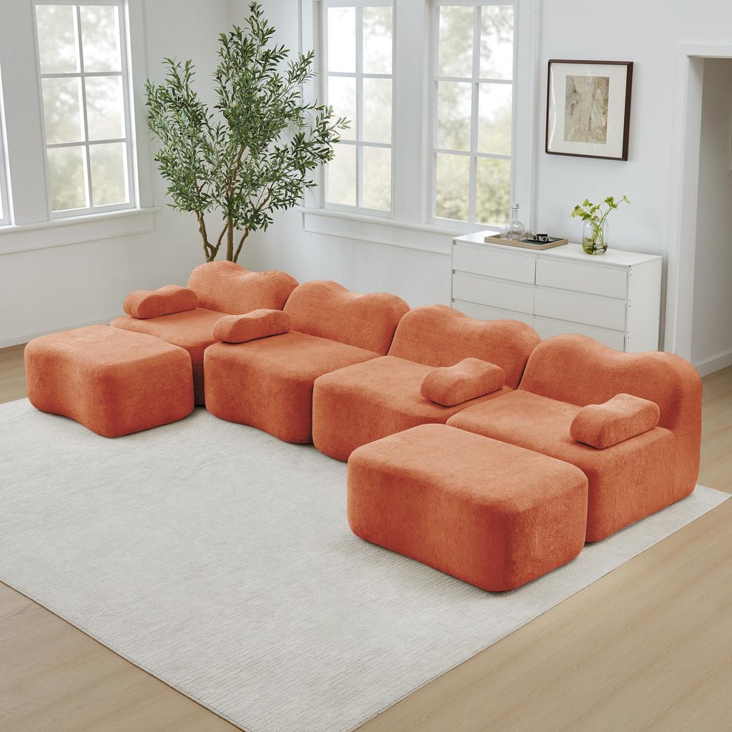 Modulares 4-Sitzer Sofa U-Form mit 2 Ottomanen 32D Schaumstoff Couch Lounge-Set Wohnlandschaft rahmenlose Sitzgruppe weicher Samtbezug Orange
