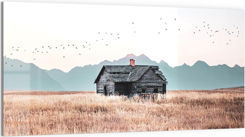 DEQORI Glasbild Echtglas 100x50 cm 'Stille Feldhütte' Wandbild Bild modern Deko