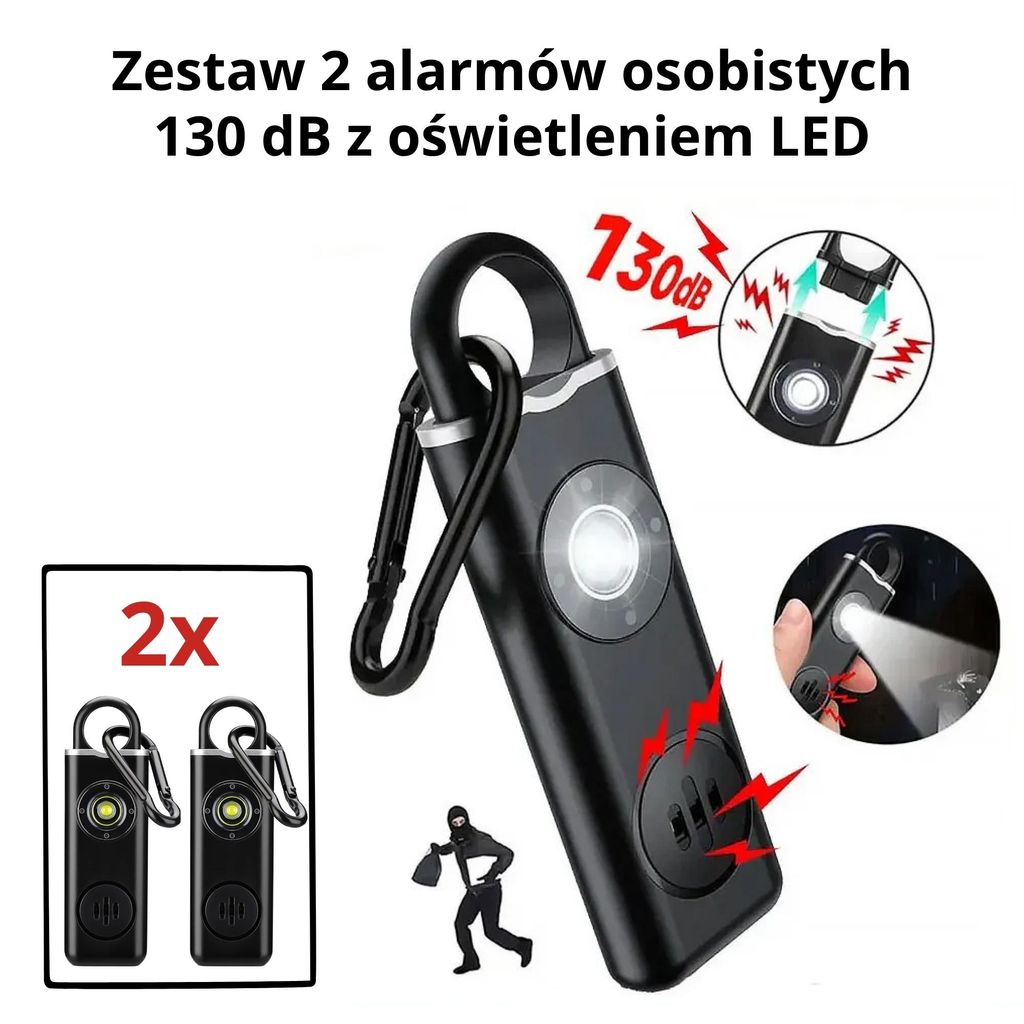 Zestaw 2x Osobisty Alarm 130 dB z Latarką LED – Ładowanie Zdjęcie produktu 