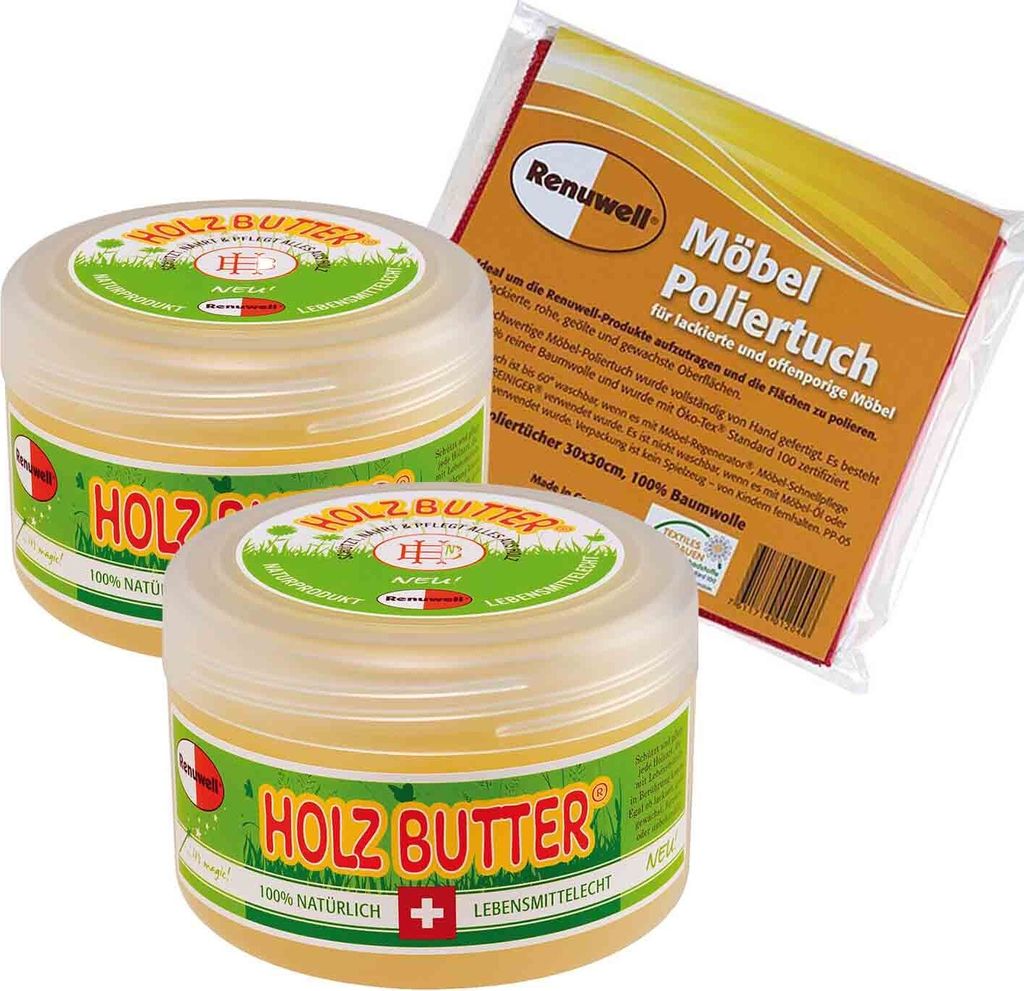 Renuwell Holz-Butter 2 × 250 ml - Möbel Poliertuch 4 Stück Spar-Set
