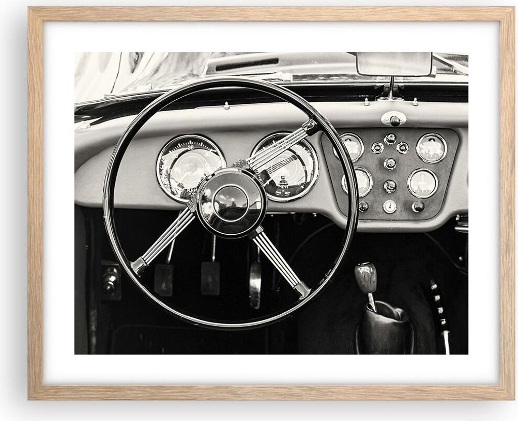 Gerahmtes Poster - Rahmen in heller Eiche - Lenkrad Auto Vintage - 50x40 cm - Wand Bild - Wanddeko - Wandbilder - Kunstposter - Wandposter - Bilder...
