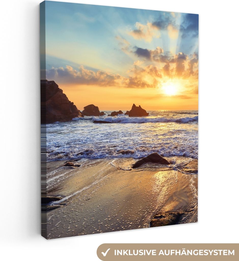 MuchoWow - Leinwandbilder - Strand - Sonnenuntergang - Natur - Meer - Landschaft, Wandbild, Wanddeko Bilder Wohnzimmer, 60x80 cm