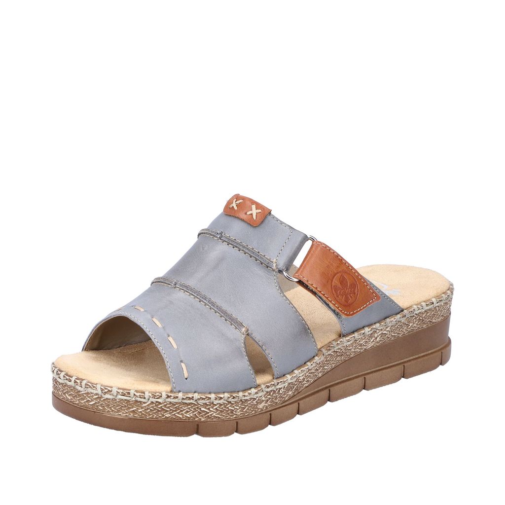 Rieker Damen Plateau Pantoletten Clogs Klettverschluss Keilabsatz V1253, Größe:41 EU, Farbe:Blau