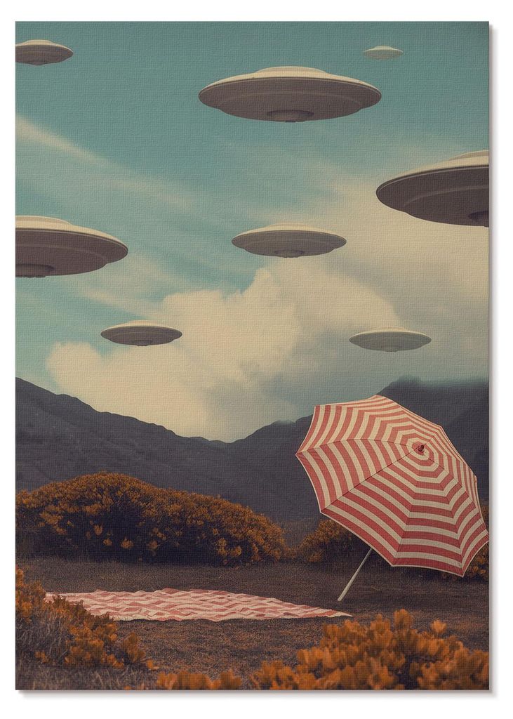 POSTER - 42x59 cm (A2) - Parallel Form - Malerische Landschaft, Regenschirm und geheimnisvolle Objekte - Wandbild für Wohnzimmer Schlafzimmer & Fl...