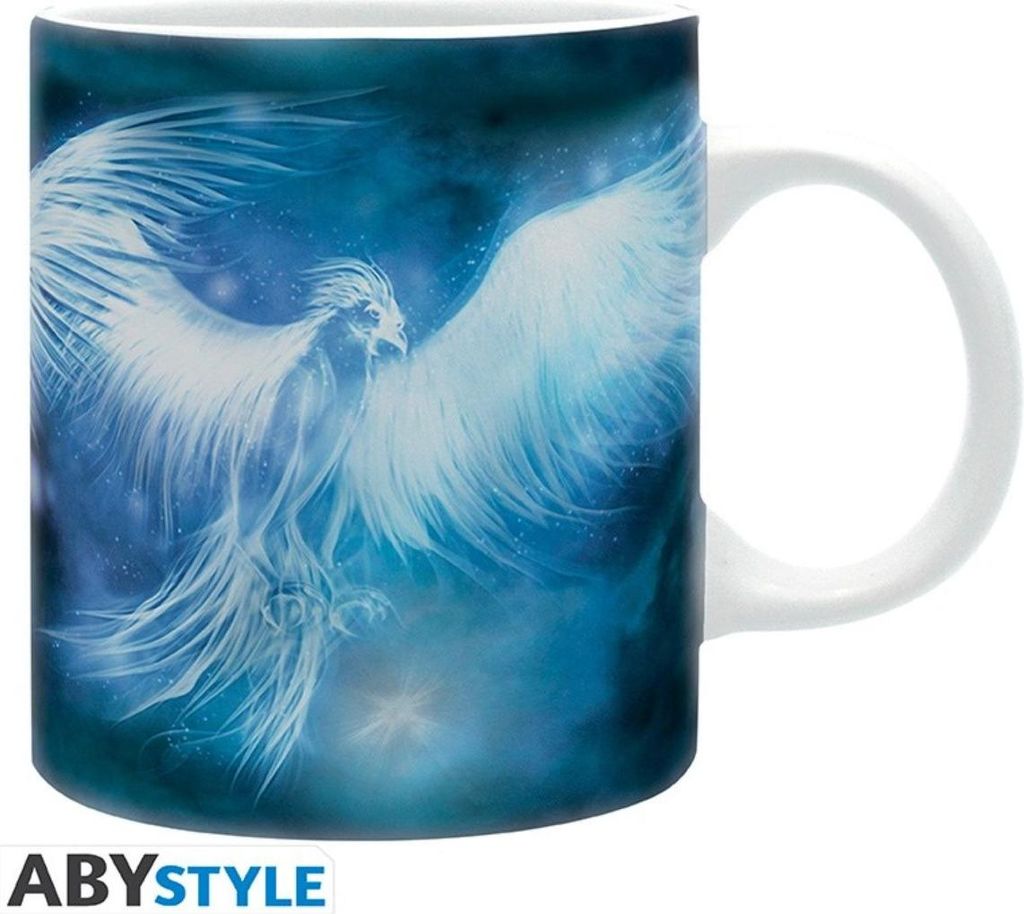 A white mug with a blue background featuring a white phoenix design. The ABystyle logo is visible at the bottom left.