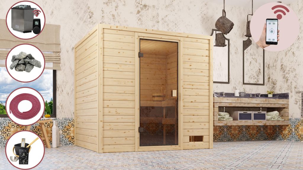 Karibu Sauna Innensauna Heimsauna MILA 5 Sparset 196x170 cm inkl. 9kw Ofen mit HUUM Wifi (App fähig) Steuerung