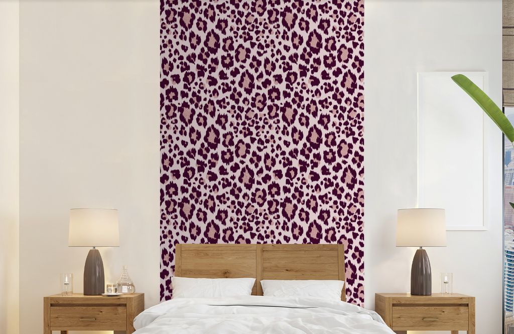 MuchoWow Fototapete für Wohnzimmer oder Schlafzimmer Wandtapete Vinyl Motivtapete Schnittmuster - Panther - Rosa - 120x240 cm - Hintergrundbild