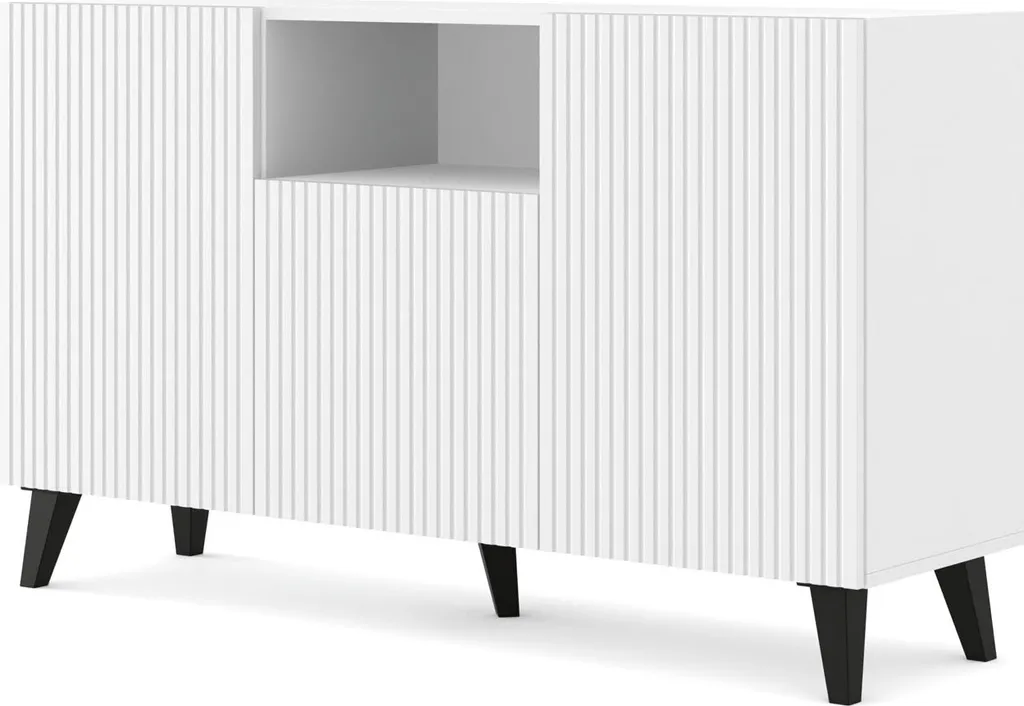 Commode RAVENNA L 150 cm Blanc Mat avec Pieds Noirs et Façades Fraisées