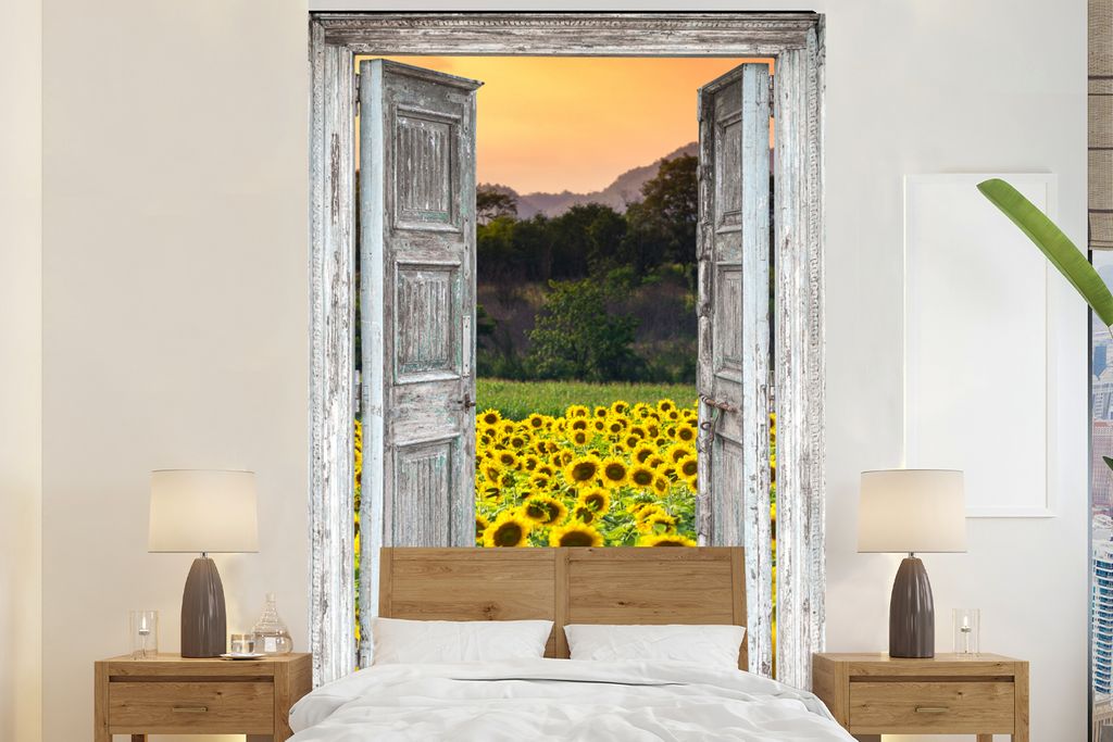 MuchoWow Fototapete für Wohnzimmer oder Schlafzimmer Wandtapete Vinyl Motivtapete Sonnenblume - Abend - Blumen - Ansicht - 180x280 cm - Wallpaper