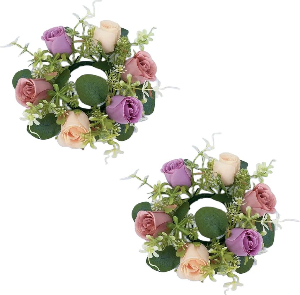 2 Stück Künstlicher Rosenkranz, Kerzenring, Säulenkerzenhalter, grüne Blätter, bunte Blumengirlande, für Zuhause, Hochzeit, Party, Tischdekor...
