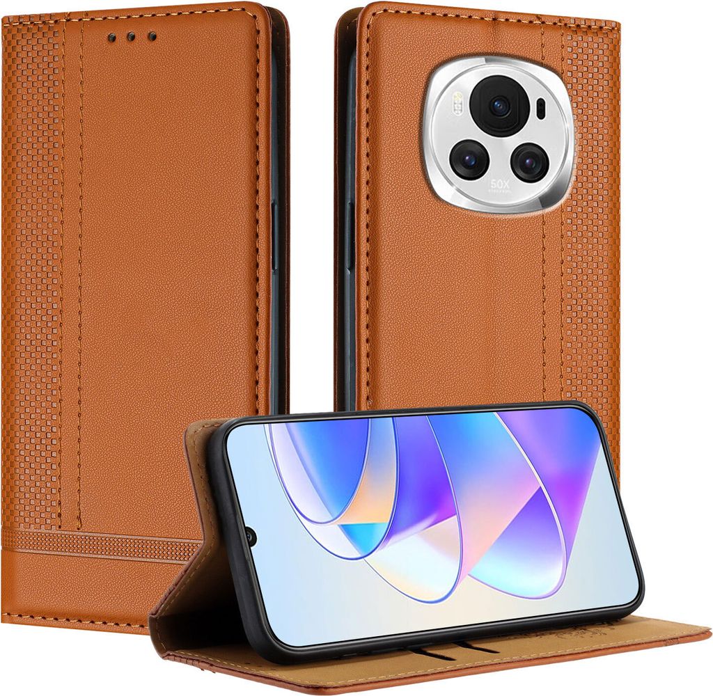 Handyhülle für Honor Magic6 Leder Flip Klappbare Schutzhülle mit Standfunktion Braun