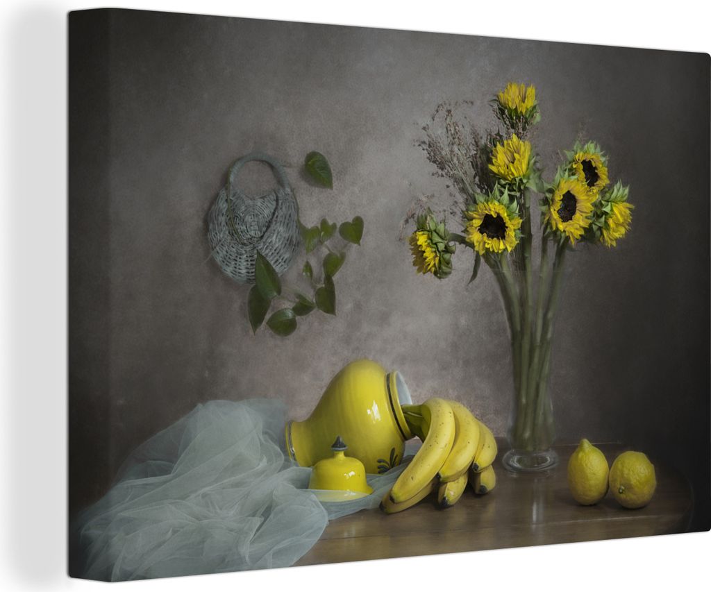 OneMillionCanvasses - Leinwandbilder - 140x90 cm, Stilleben - Malerei - Obst - Sonnenblumen - Vase - Bananen - Kunst, Wandbilder Kunstdruck Wandd...