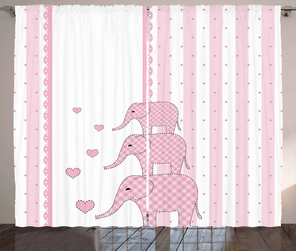 Rideau à Ruban Froncé 280x225 cm Imprimé Éléphant Rose Clair pour Fille