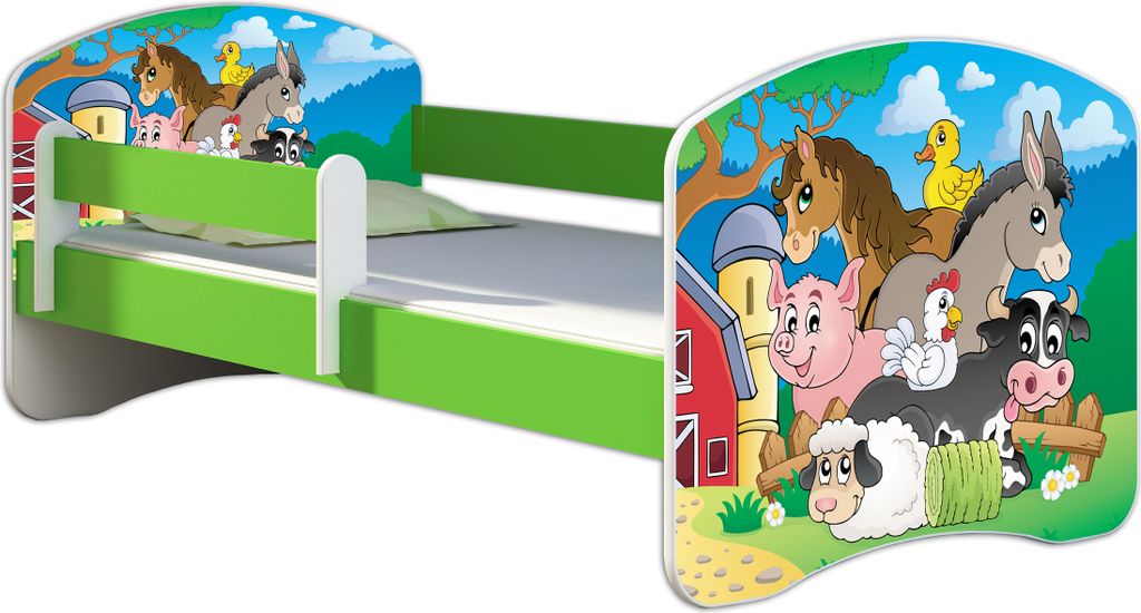 ACMA Jugendbett Kinderbett Junior-Bett Komplett-Set mit Matratze Lattenrost und Rausfallschutz Grün 34 Farm 180x80