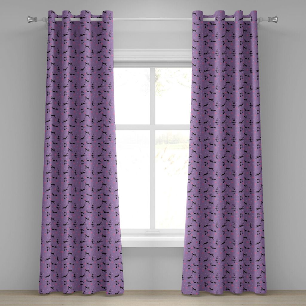 ABAKUHAUS Katze Ösenvorhang, Flippiges romantisches Muster mit kleinen Herzen Lustige springende schwarze Katzen-Charaktere, Dekorative 2-Panel-Fe...