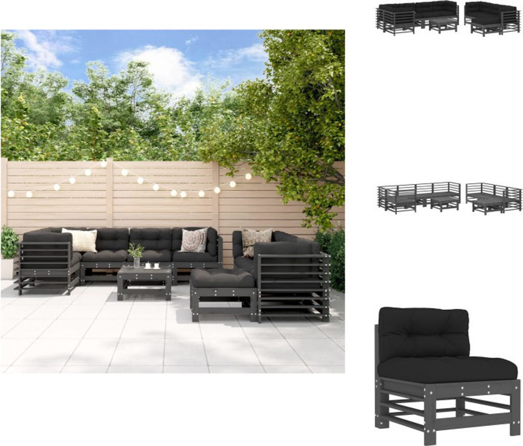 vidaXL 10-tlg. Garten-Lounge-Set mit Kissen Grau Massivholz - Gartenmöbel-Sets