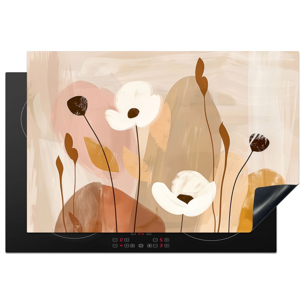 KitchenYeah Herdabdeckplatte Beige - Blumen - Abstrakt - Kunst , 77x51cm, Küche Deko, Glaskeramikkochfeld Herdabdeckung, Abdeckplatte fùr Kochfeld