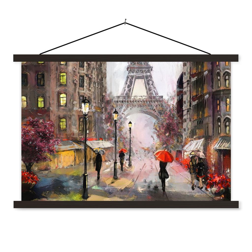 MuchoWow Textilposter Gemälde - Paris - Eiffelturm - Regenschirm - Ölgemälde 150x100 cm mit schwarzem Rahmen - Schlafzimmer