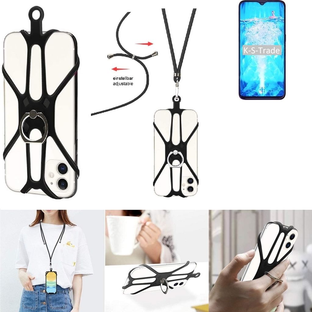 K-S-Trade 3in1 Handykette Handyband Handykordel Halsband Smartphone-Ring Handy-Ring kompatibel mit Oppo F9 Pro Fingerhalterung Handyring Tischständer