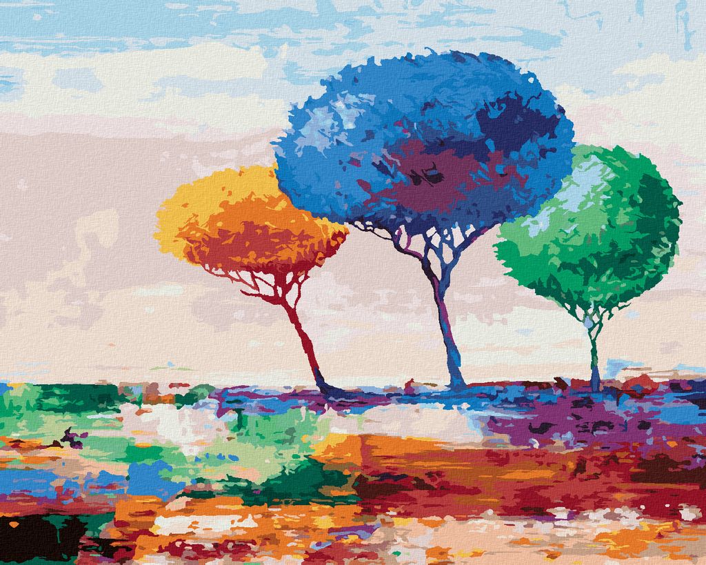 Zuty - Malen nach Zahlen - DREI BUNTE BÄUME, 40x50 cm, ohne Keilrahmen