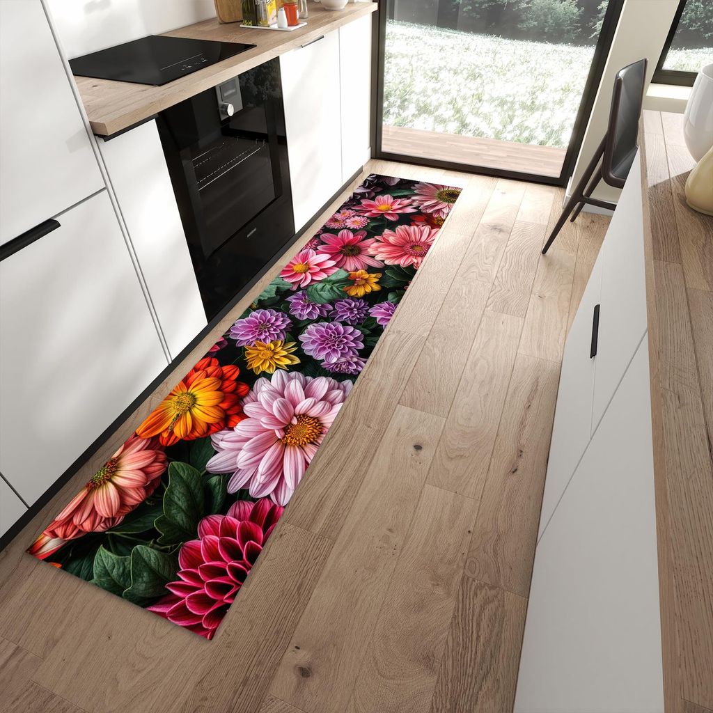 Küchenteppich 60x270cm rutschfest & abwischbar PVC Läufer - Blumenkomposition