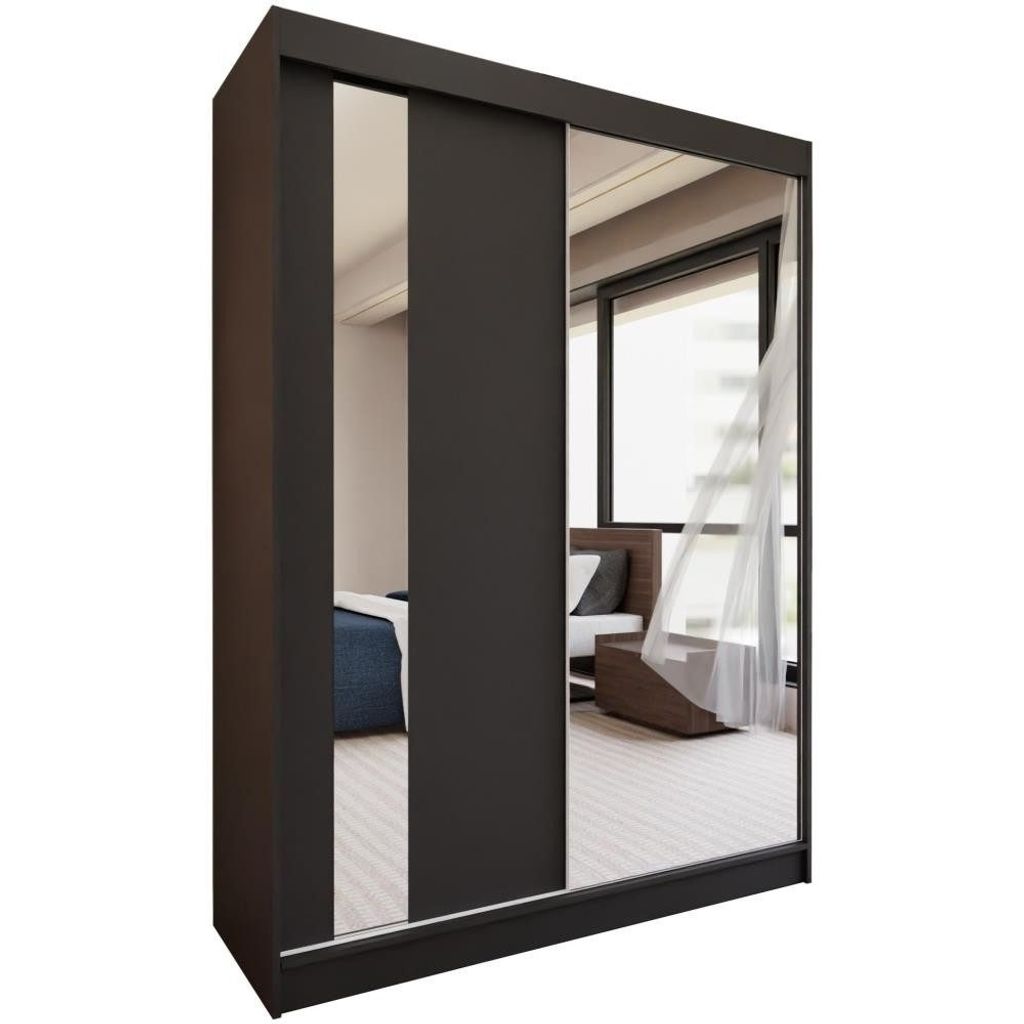 Schiebetürenschrank GAJA 150cm - Kleiderschrank mit Schubkasteneinsätze & Spiegel (Schwarz)