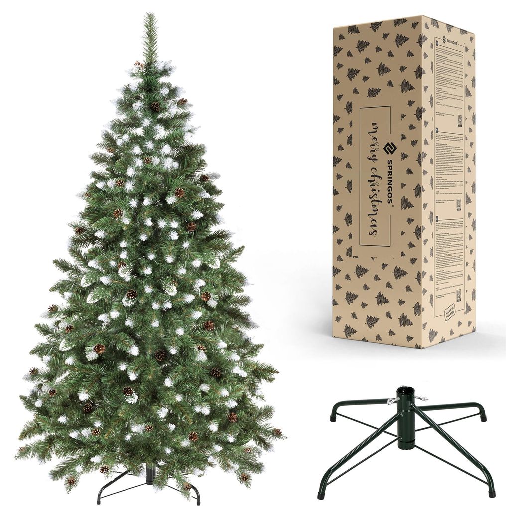A Christmas tree, its packaging box, and a tree stand are displayed against a white background.
