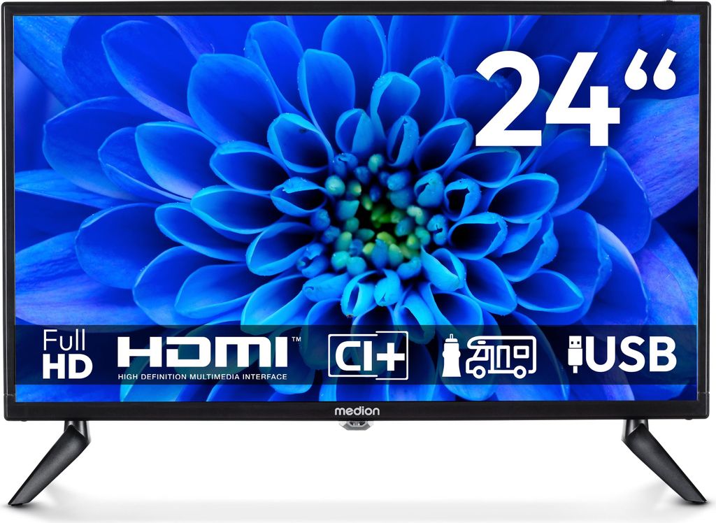 MEDION 59,9 cm (24 Zoll) Full HD Fernseher (perfekt für Camping Wohnmobil LKW Garten, 12V KFZ Car-Adapter, Triple Tuner Receiver, HDMI, USB, MD 82...