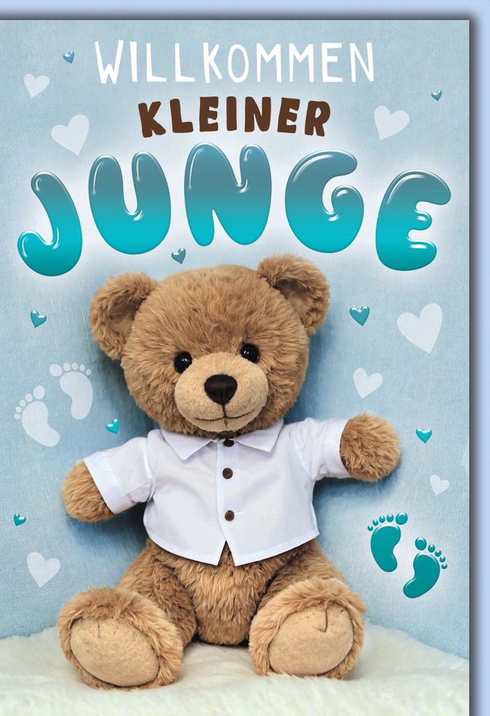 Geburt Baby Junge Glückwunschkarte mit Umschlag Teddybär hellblau Willkommen kleiner JUNGE
