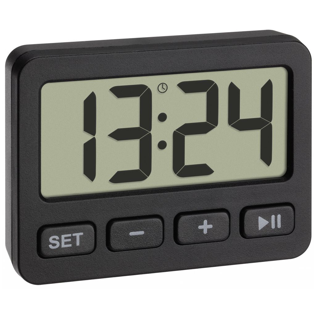 A digital alarm clock is shown against a light gray background.