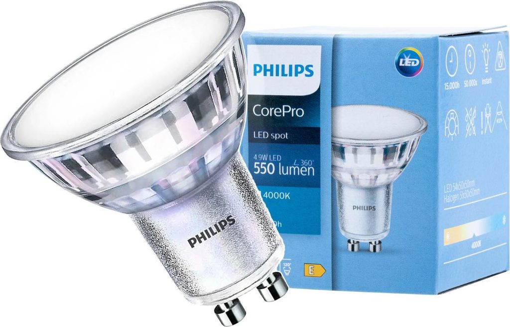 A Philips LED spot light bulb and its packaging.