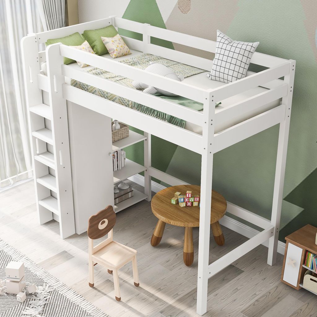 Etagenbett Kinderbett Hochbett 90x200cm in Weiß mit Kleiderschrank und 6 Regalen, hochwertiges Material, stabil & langlebig, leicht zu montieren