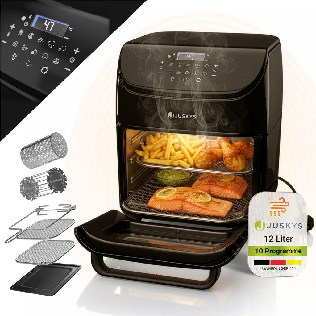 A Juskys air fryer is shown with various accessories, and food inside, including salmon and french fries.