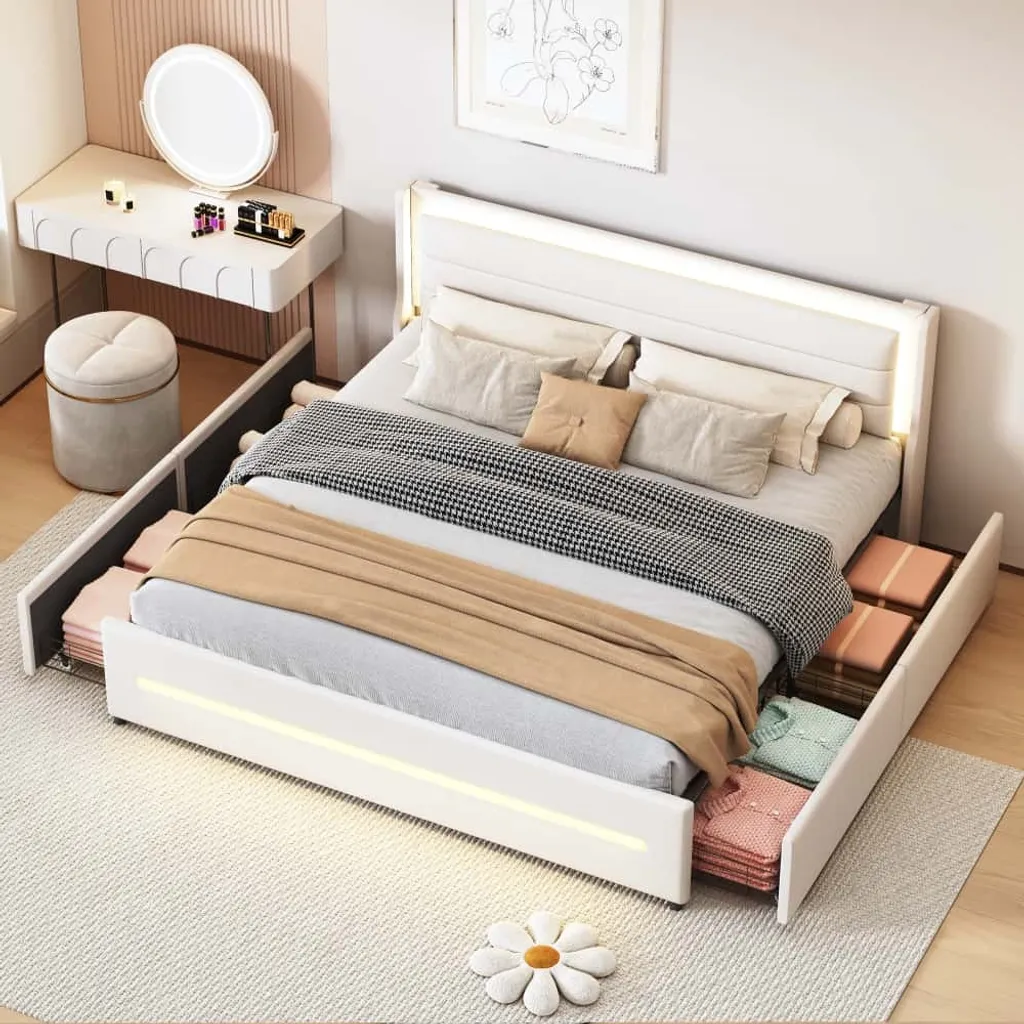 Lit LED 180x200cm en lin avec rangement intégré et tête de lit AIORBER