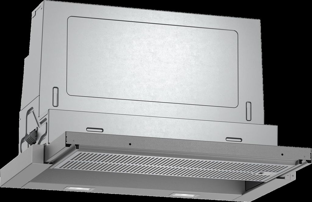 A close-up, angled view of a stainless steel range hood.
