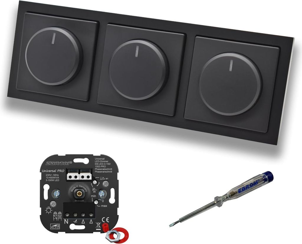 EBROM 1002 Universal PRO (3 Stück) LED Drehdimmer Dimmer + Busch Jäger Dimmerscheiben 6540-885-102 in Future Linear Schwarz matt im 3-fach Rahmen...