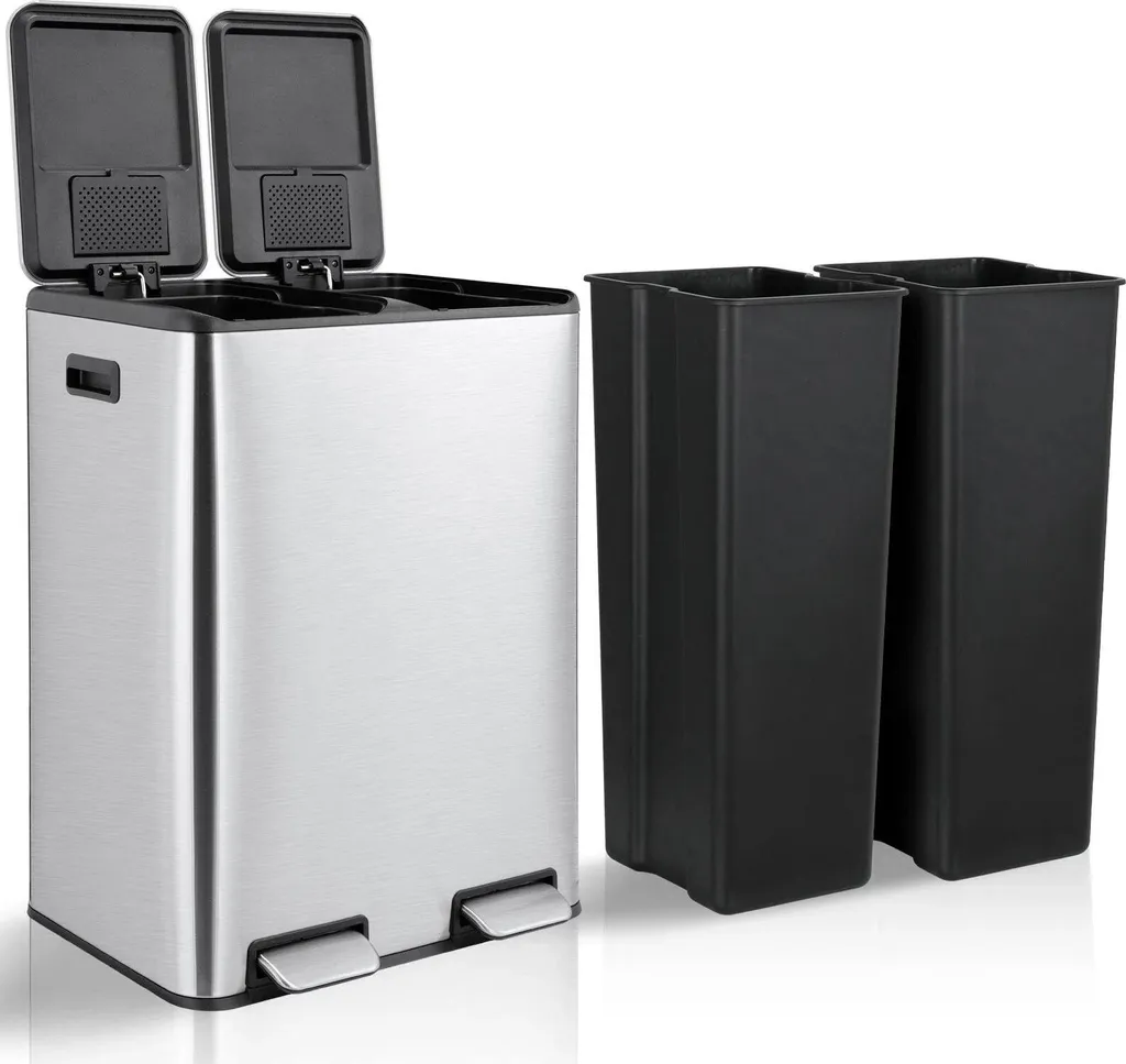 Poubelle double compartiment inox 60L avec seau amovible et anti-odeur