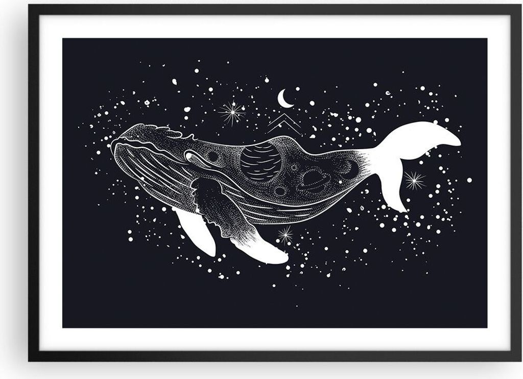 Gerahmtes Poster - Schwarzer Rahmen - Wal Schwarzweiß Grafik - 70x50 cm - Wand Bild - Wanddeko - Wandbilder - Kunstposter - Wandposter - Bilderrah...