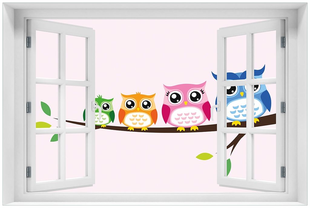 Wallario Premium Glasbild mit Fensterrahmen, freischwebende Optik, kräftige Farben, Größe 60 x 90 cm Motiv Eulenfamilie auf einem Ast Comic Stil