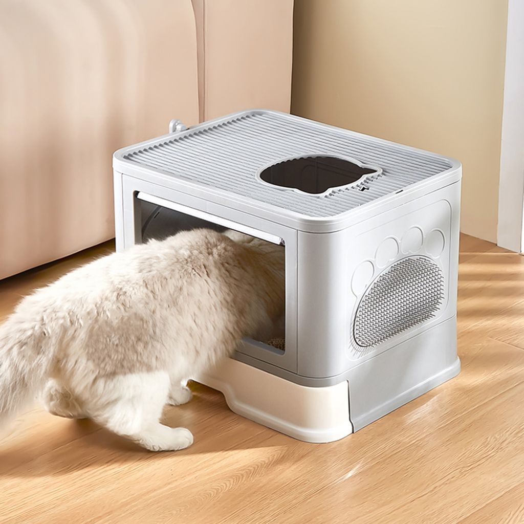 Katzenklo mit Deckel,geschlossene Katzentoilette,Fronteinstieg und Ausgang oben,Katzentoilette mit Fellpflegebürste 48,5x36,5x38cm Grau