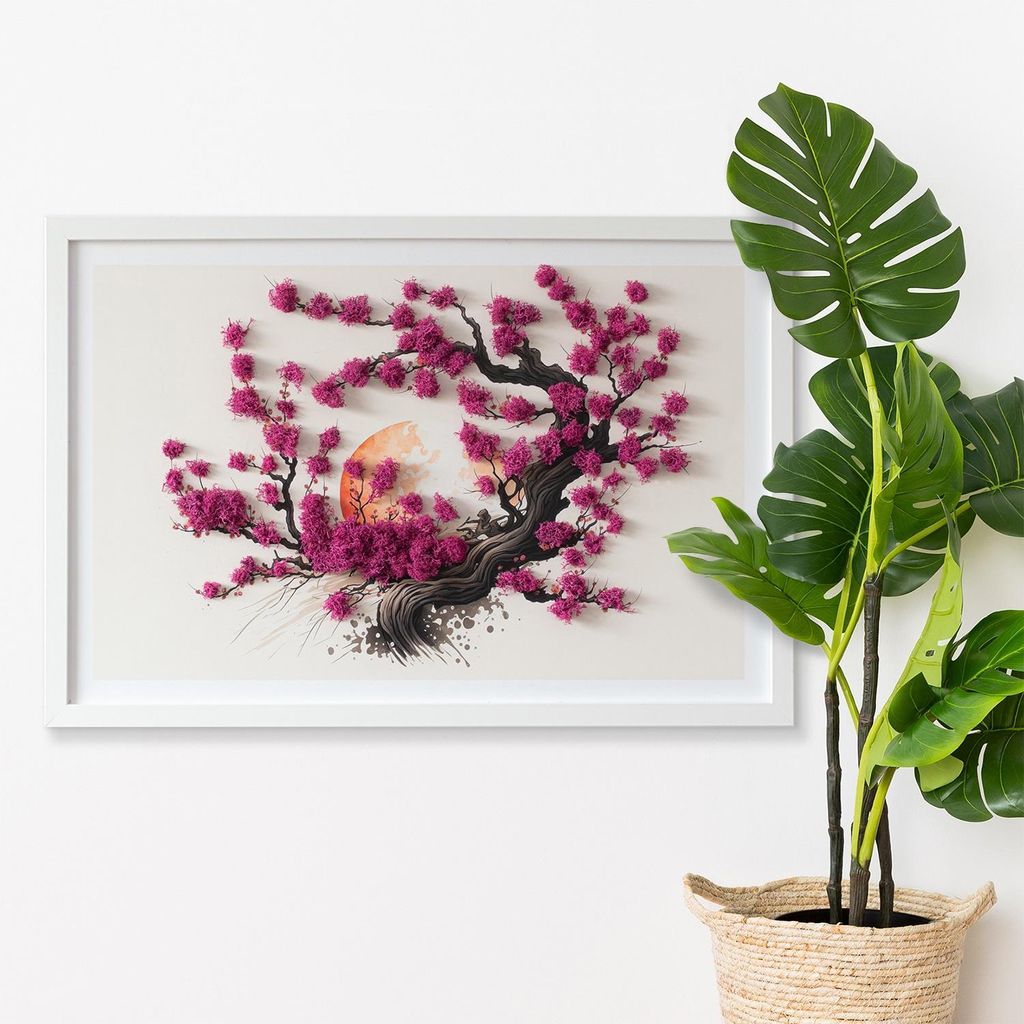 Moosbild mit Konserviertem Moos 3D Wandbild - 60x40 cm - Weißer MDF-Rahmen - Kirschbaum