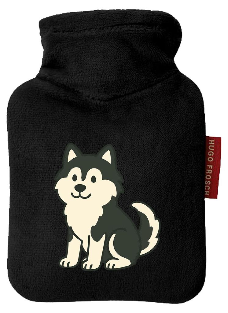 Huuraa Mini-Wärmflasche Pomsky Comic PomPom 0,2 Liter Black Mini Veloursbezug Taschenwärmer Geschenkidee