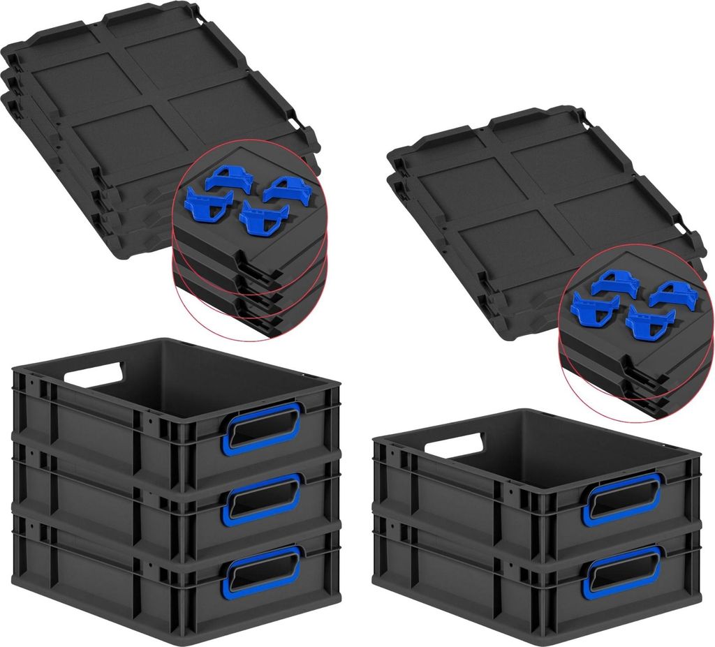 SparSet 5x Eurobox NextGen Color mit Auflagedeckel und Schiebeschnappverschlüsse | HxBxT 12x30x40cm | 11 Liter | Schwarz | Griffe blau offen | Eur...