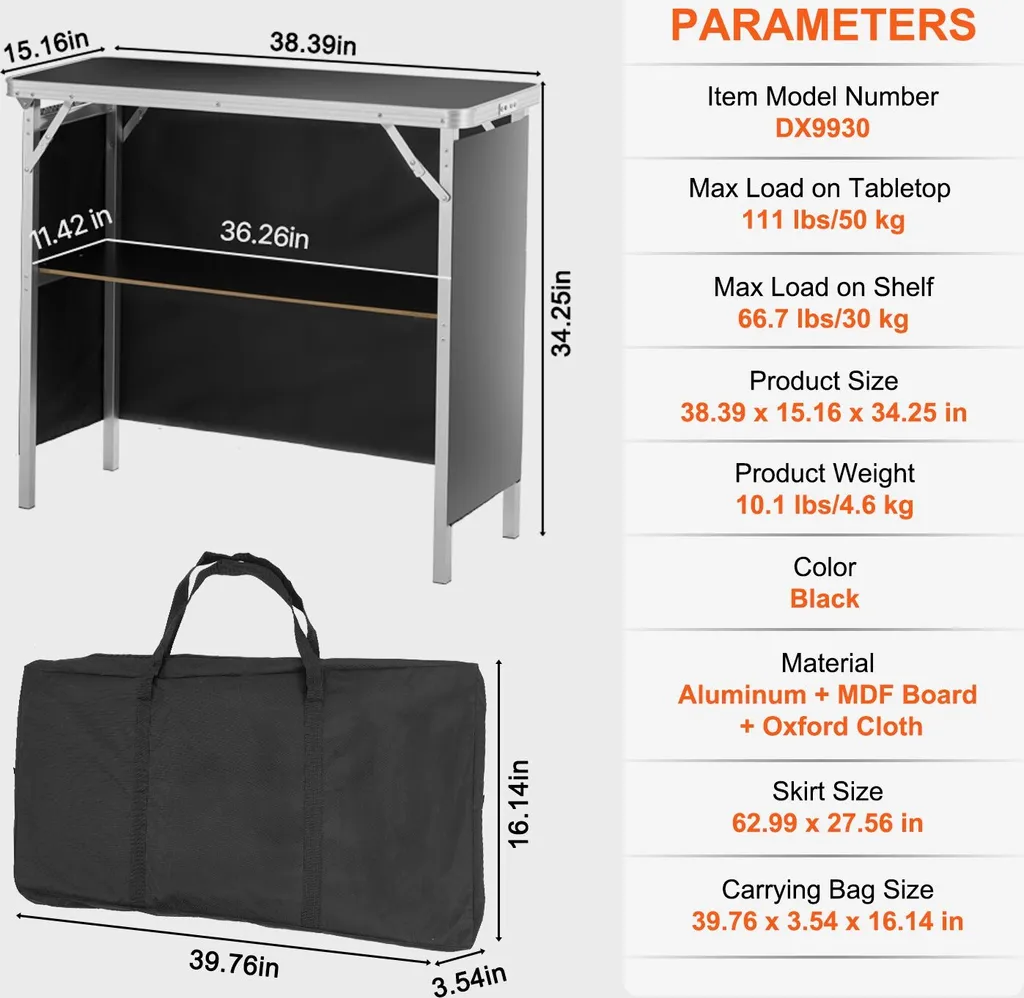 Bancone espositivo portatile Bancone espositivo, 975 x 385 x 870 mm Bancone espositivo Bancone espositivo, Tavolo promozionale pieghevole Bancone promozionale, Reception con ripiano, Borsa di trasporto, Nero - 7