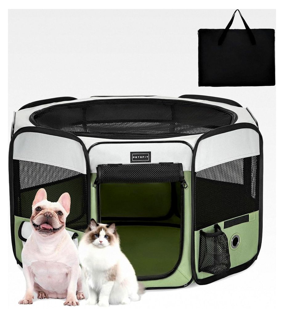 Faltbarer Welpenauslauf für Kleintiere, Hunde und Katzen, Hundelaufstall mit wasserdichtem Boden, Pop-up-System, kausicheres Design, Grau/Grün, 7...