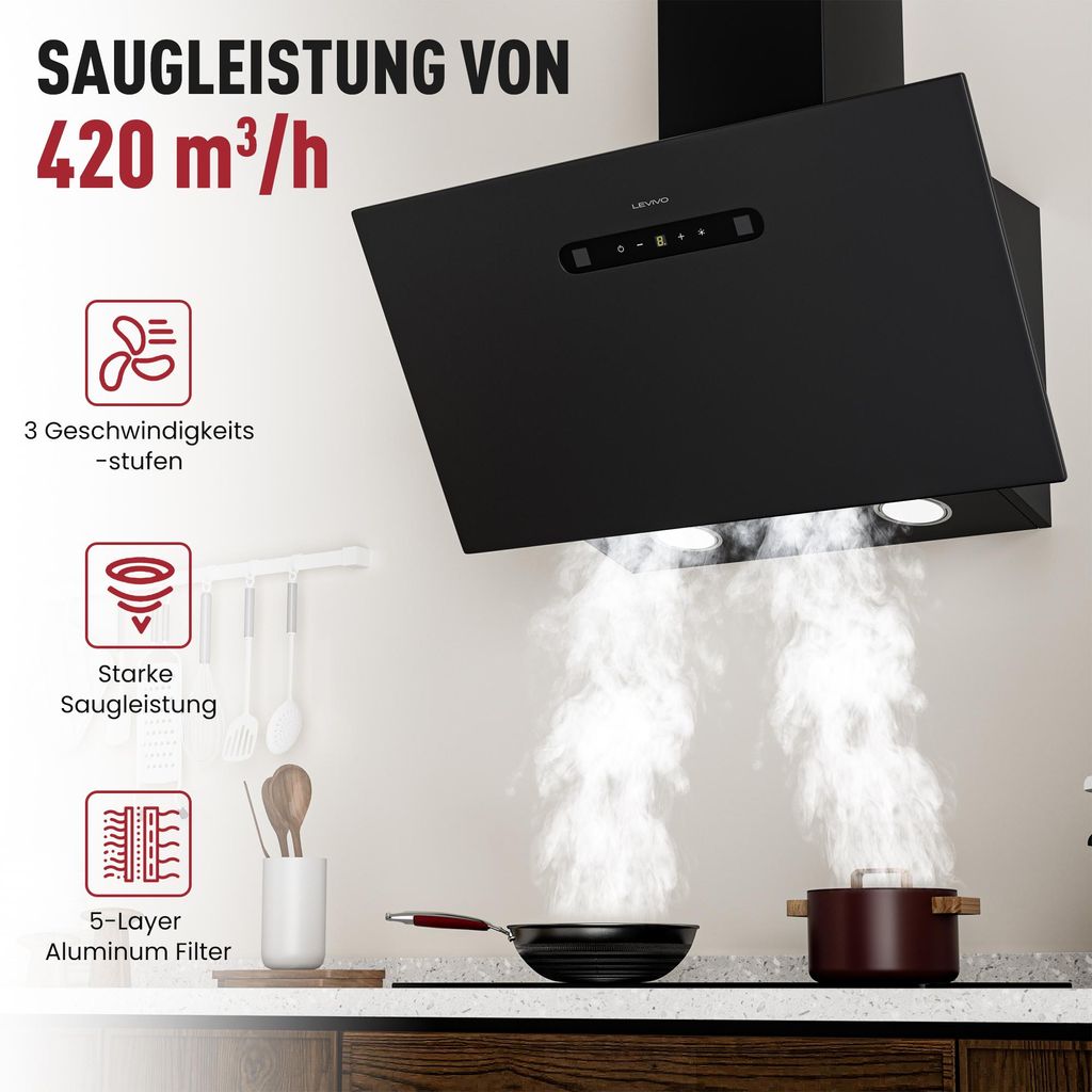 Hotte aspirante sans cadre LEVIVO A+++ 60 cm en mode Image du produit 