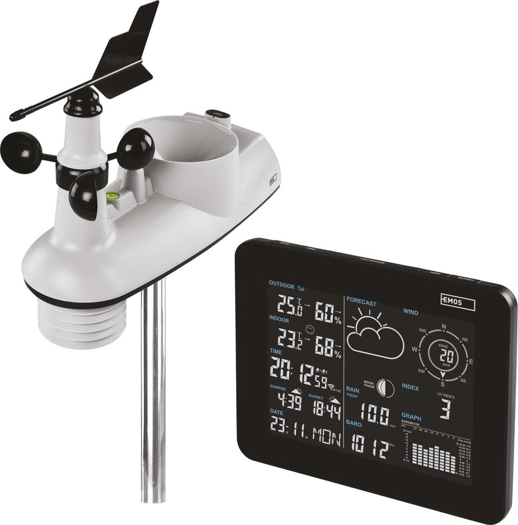 EMOS Profi WLAN Wetterstation mit WiFi und App, solarbetriebenem Außensensor - Regenmesser und Windmesser, Smart Funk Wetterstation, E5059