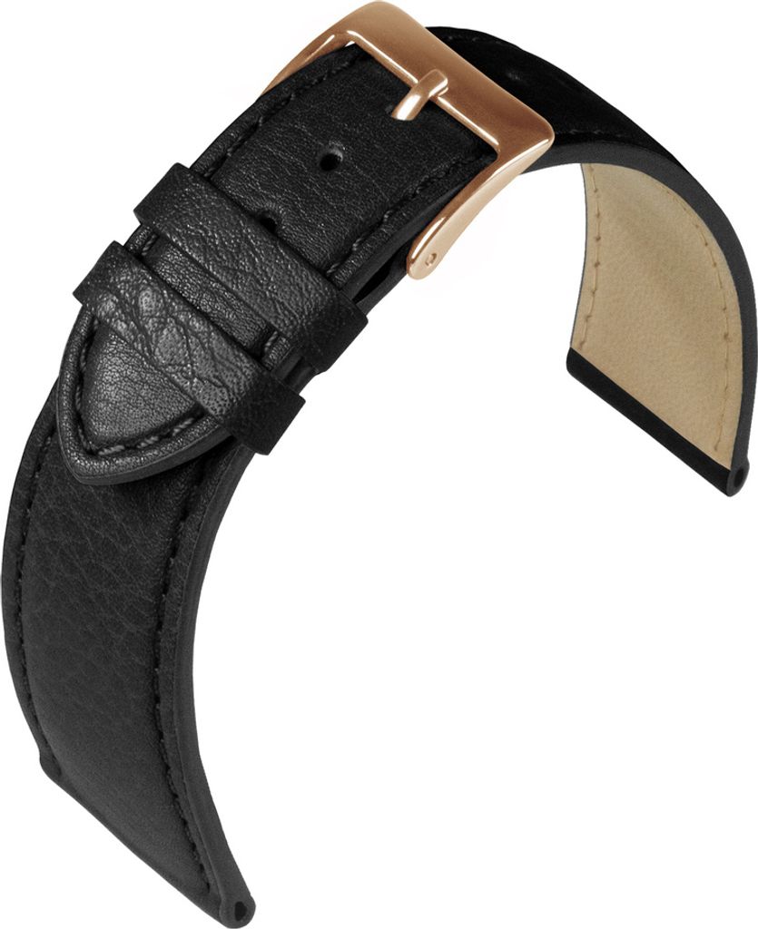 Eulit Country Uhrenarmband Rindleder genarbt schwarz > Ton in Ton Naht, Stegbreite:18mm, Schließe:Roséfarben